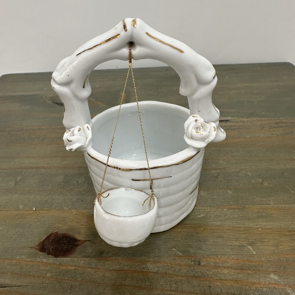 4.5" Porcelain Wishing Well White Gold Hand Painted Accents Rose Vintage Ceramic